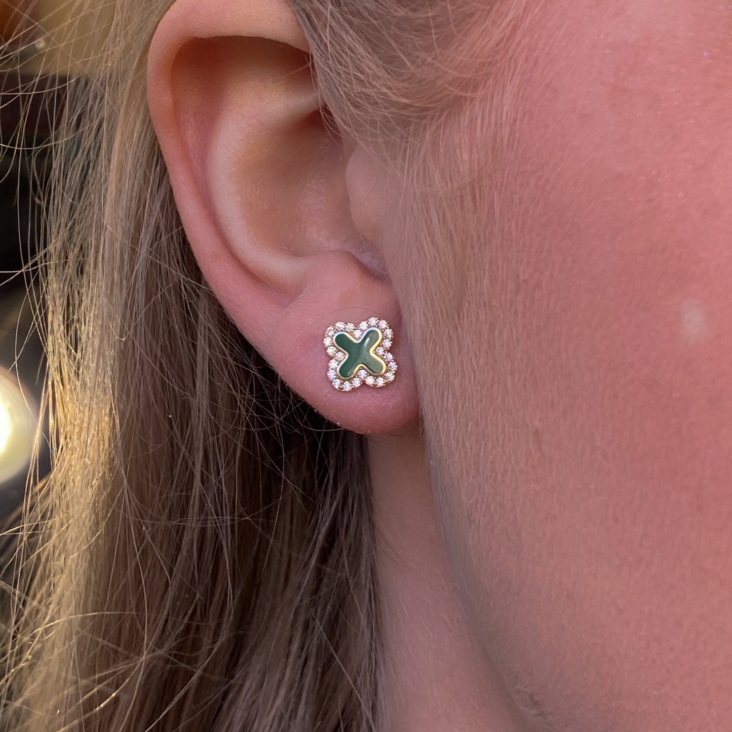 9ct Gold CZ & Green Enamel Quatrefoil Stud Earrings | 10mm - John Ross Jewellers