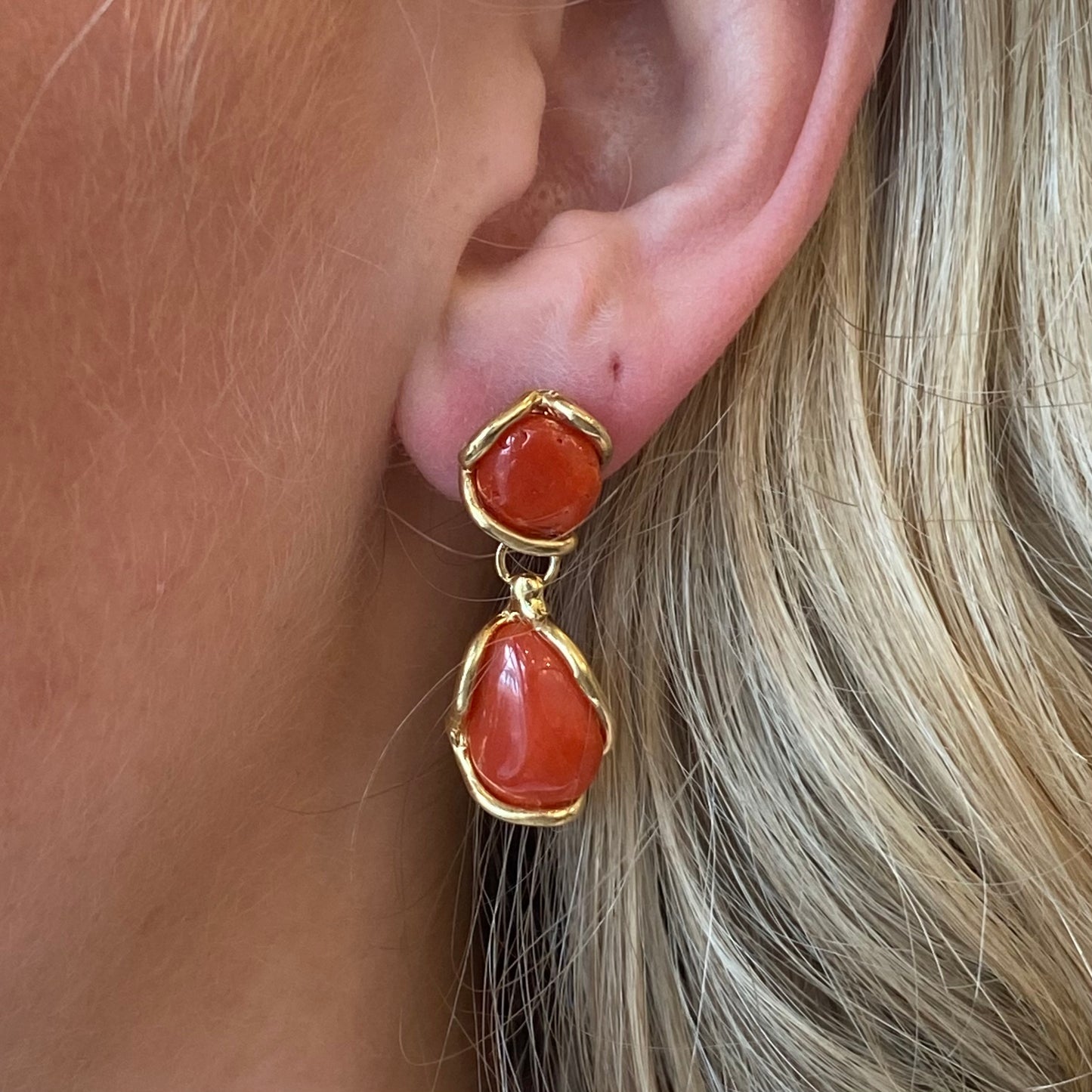 Bruno Baroque Coral Drop Earrings with 30mm x 12mm coral-colored beads and intricate gold-tone detailing.