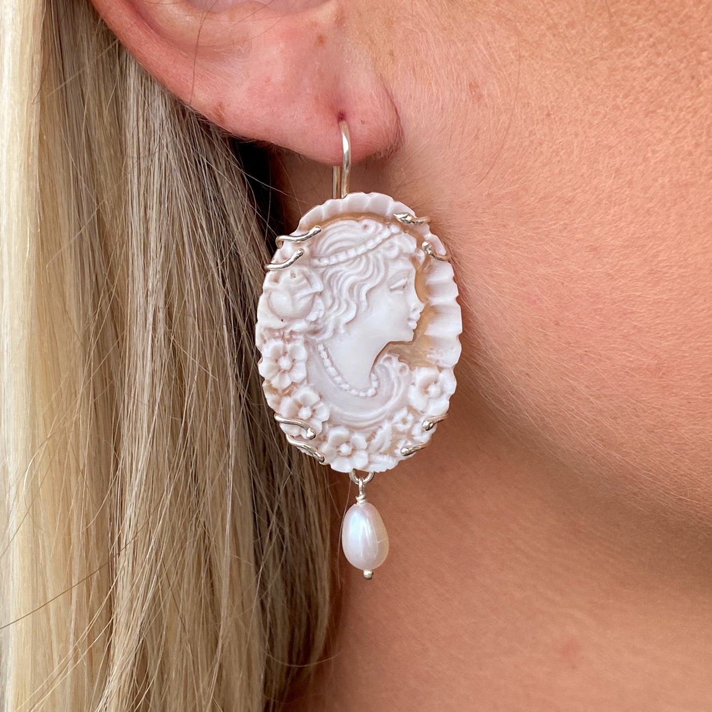 Cameo & Pearl Drop Earrings - Medium - John Ross Jewellers