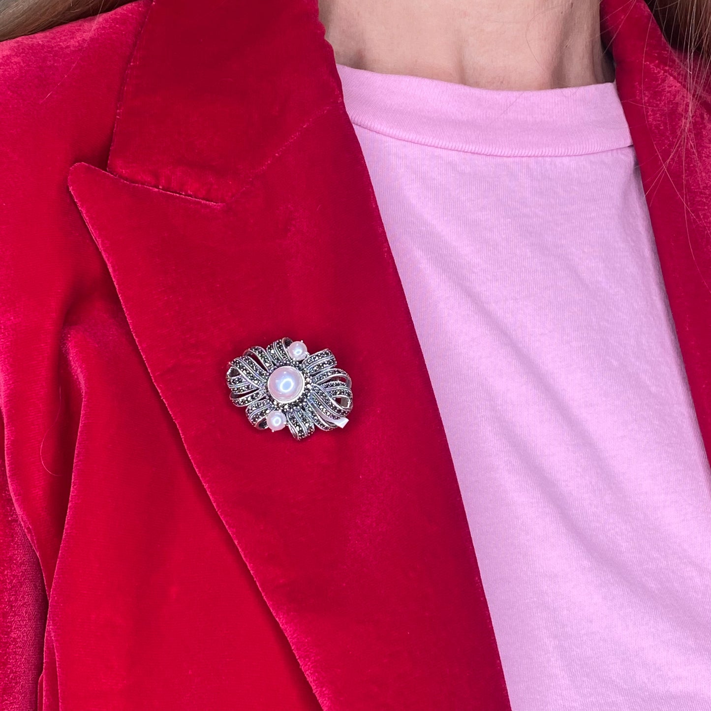 Silver Marcasite & Pearl Statement Brooch - John Ross Jewellers