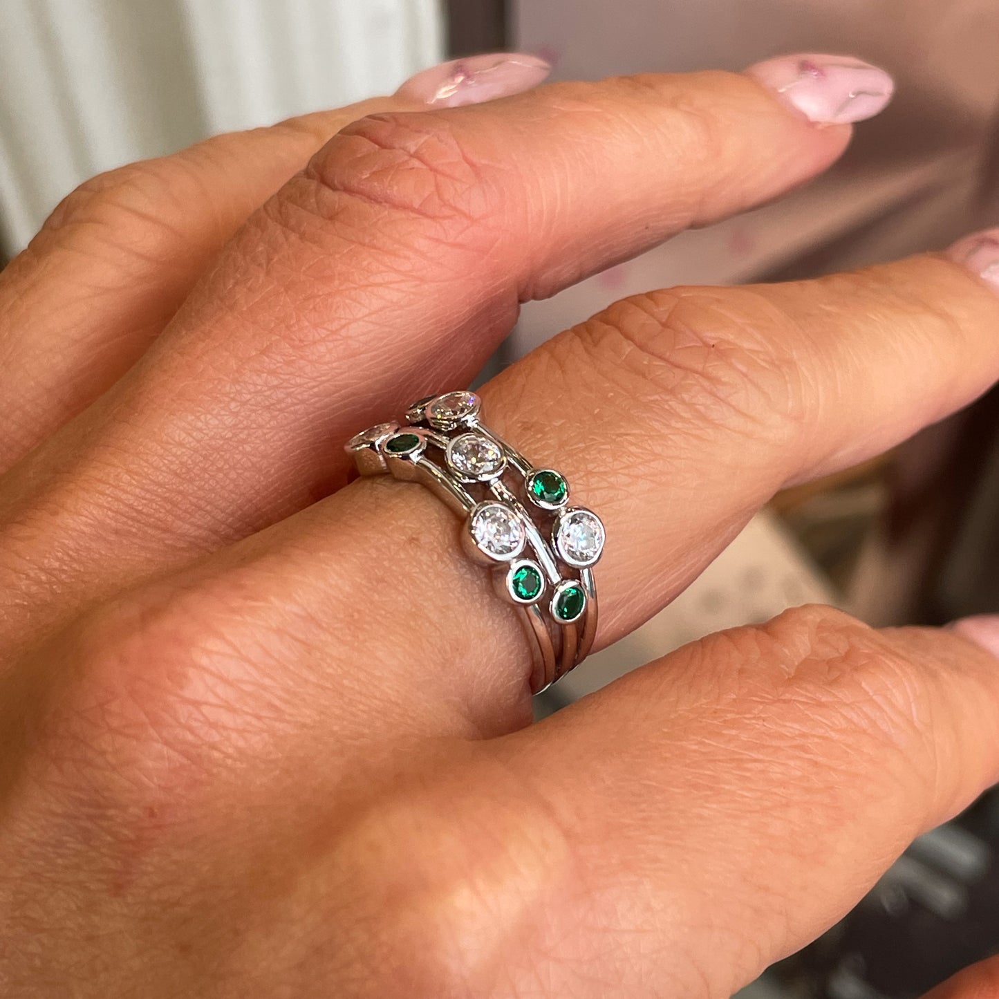 Silver CZ Rainfall Ring | Emerald Green - John Ross Jewellers