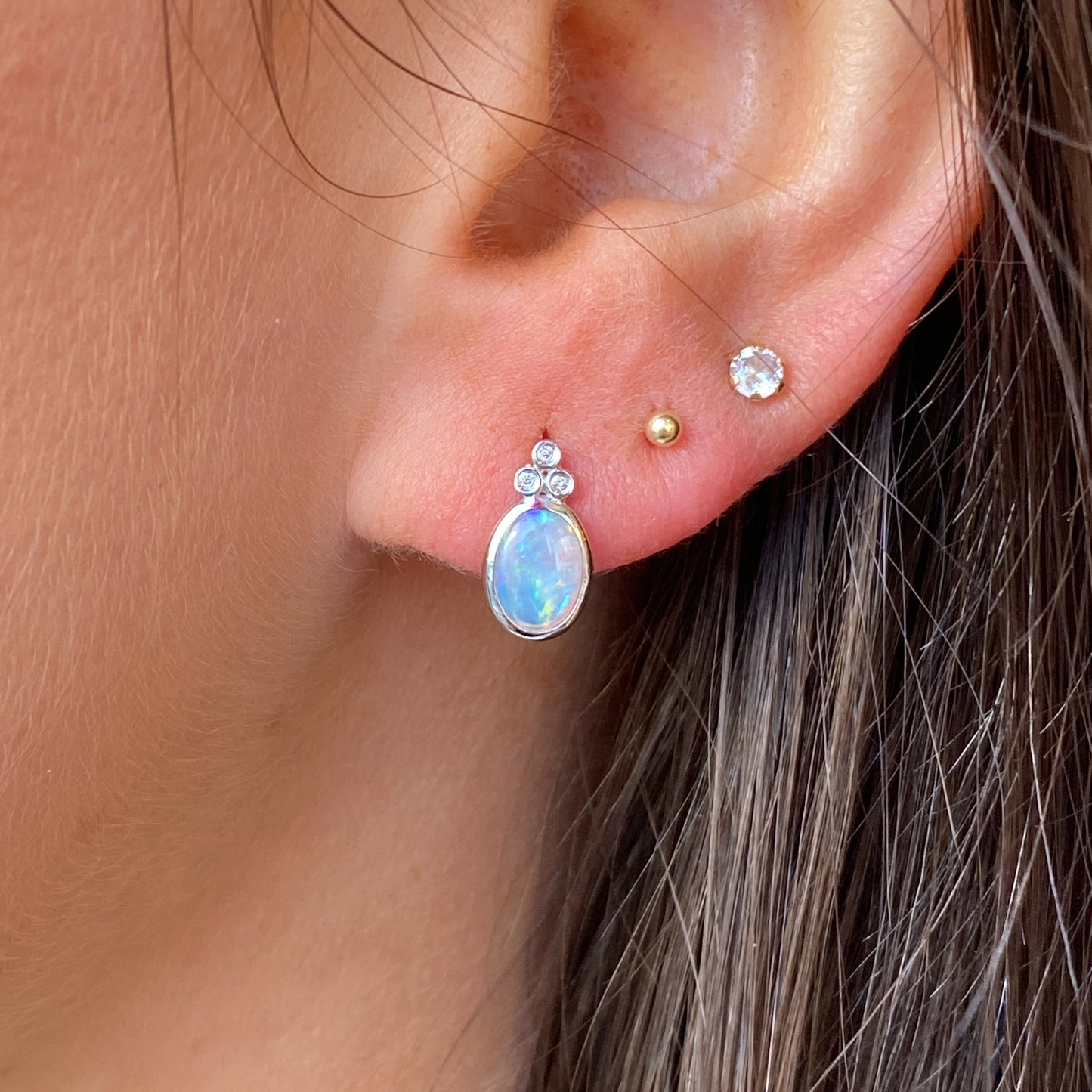 18ct White Gold Oval Gem Opal & Diamond Stud Earrings - John Ross Jewellers