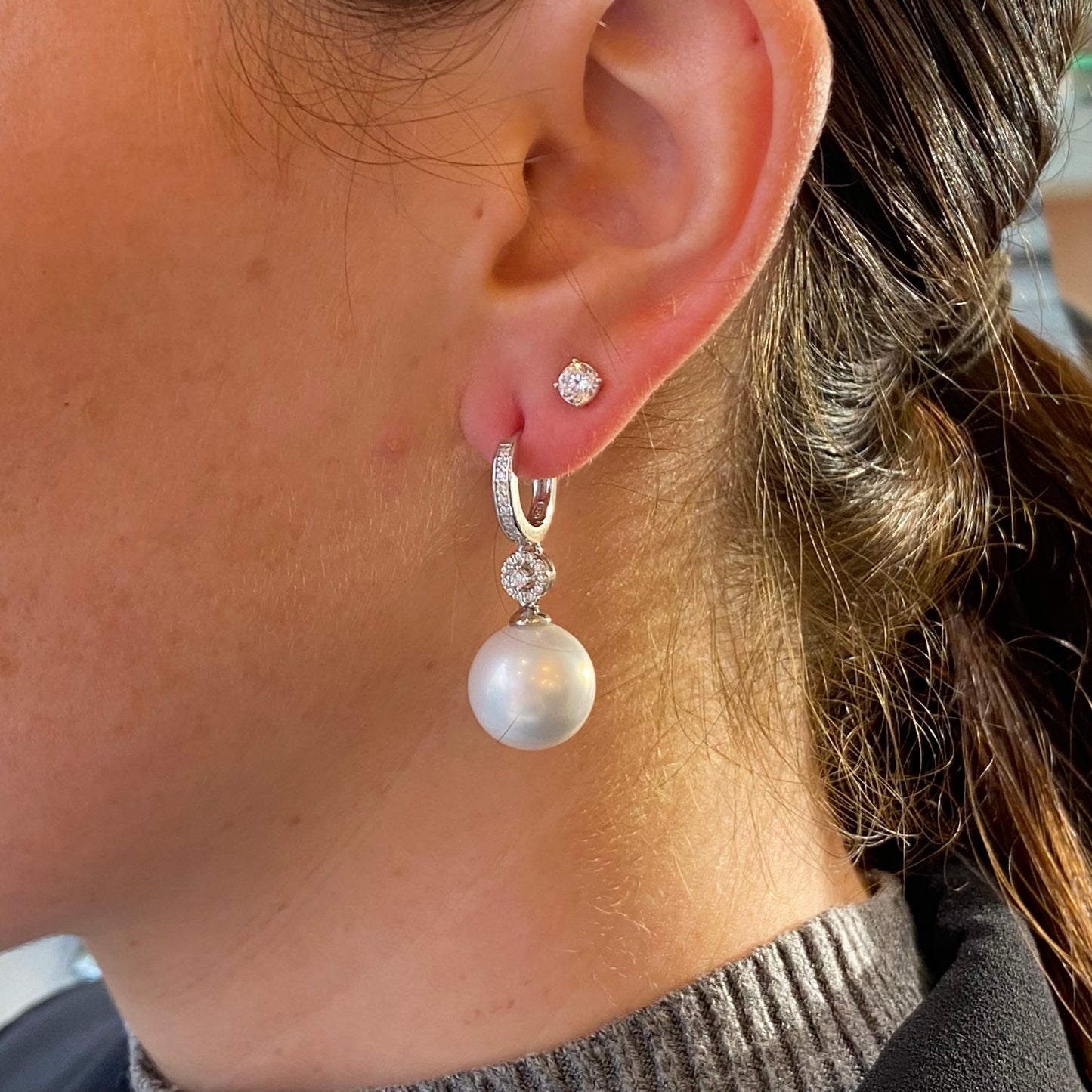 Silver 12mm Shell Pearl & CZ Drop Earrings - John Ross Jewellers