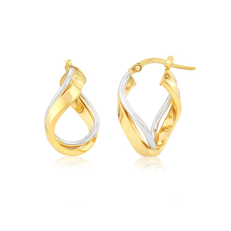9ct gold two-tone swirl hoop earrings by Mark Milton, showcasing elegant twisted hoop design and polished finish.