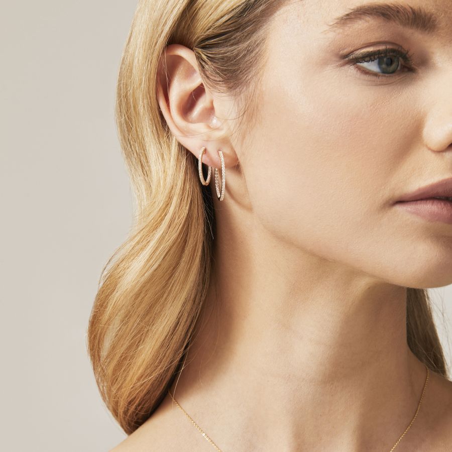 Mark Milton 9ct white gold diamond hoop earrings with 0.80ct inside and outside diamond details, showcasing elegant jewelry design.