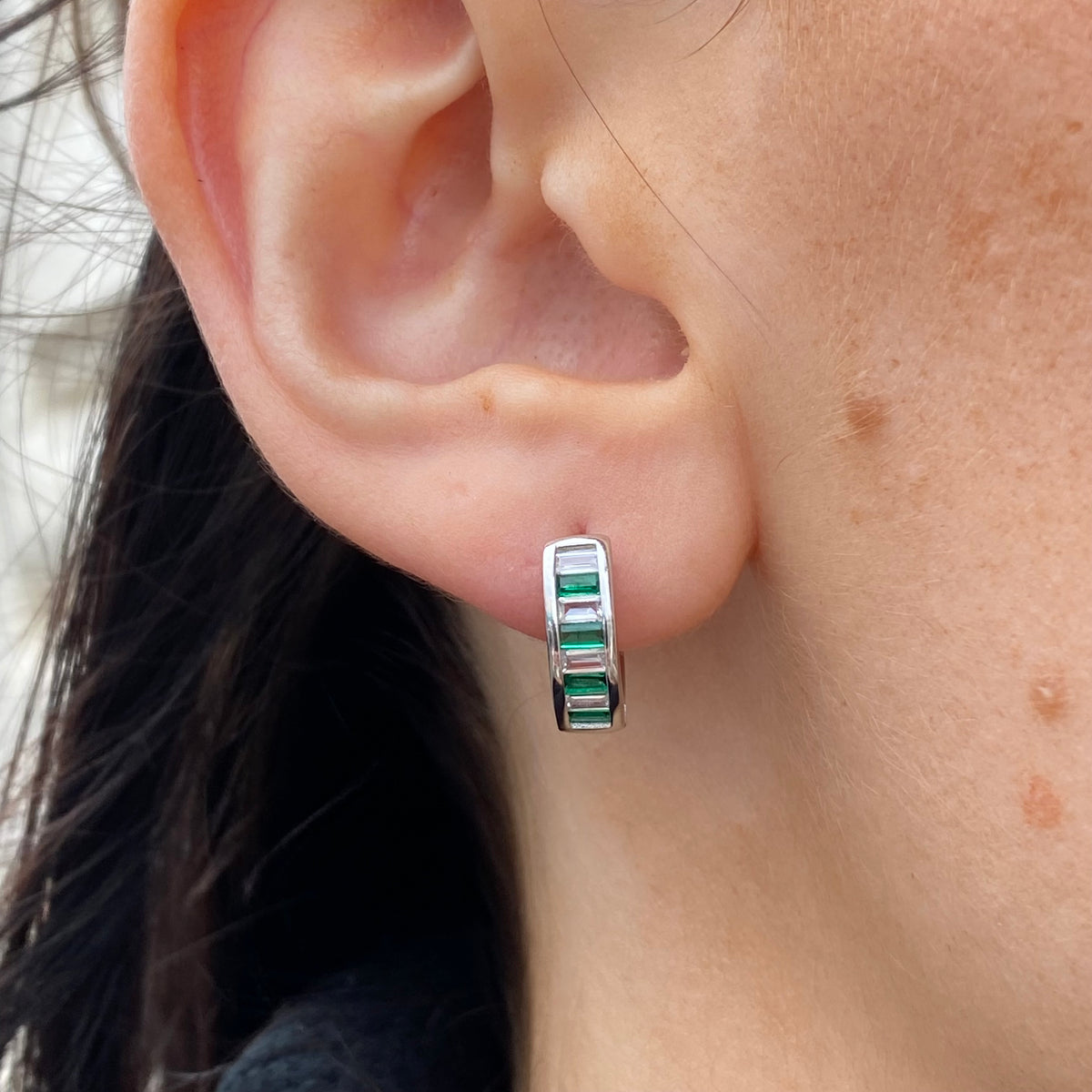 Silver Baguette CZ Hoop Earrings | Emerald Green