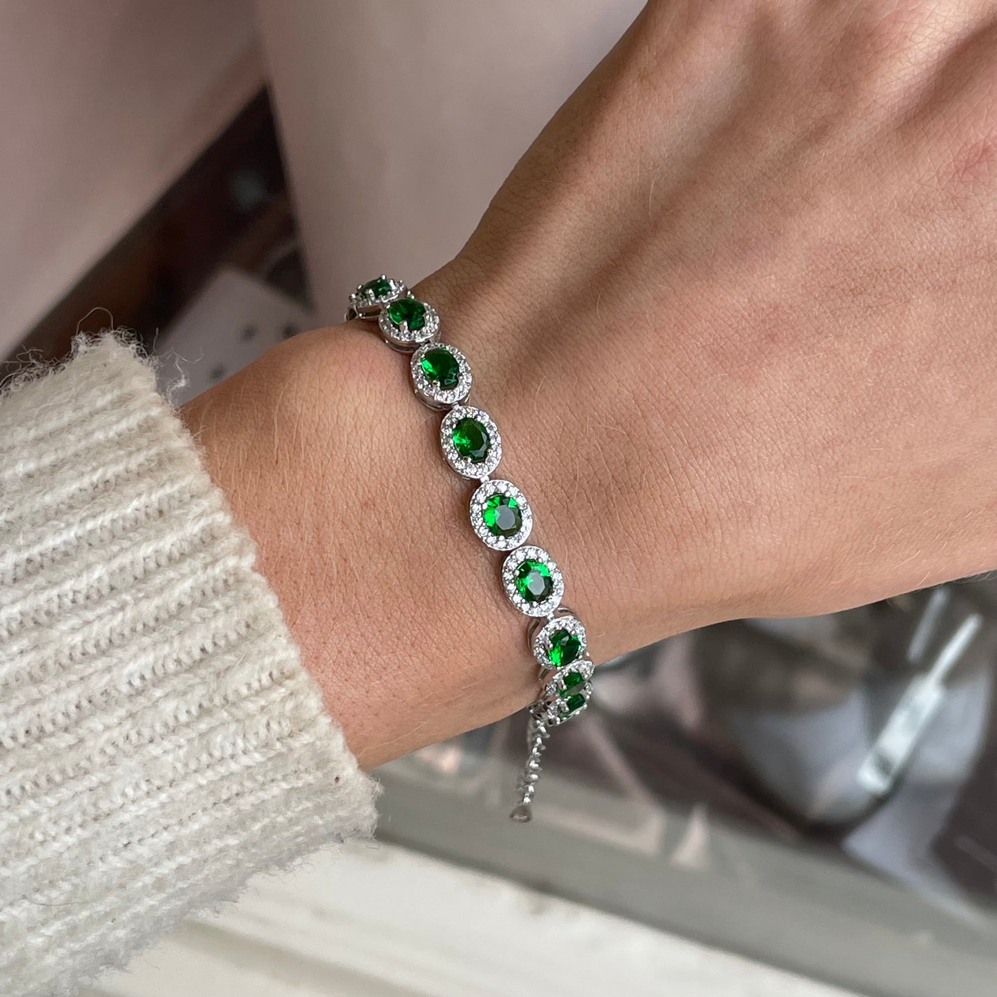 Silver Oval CZ Garland Bracelet | Emerald Green - John Ross Jewellers