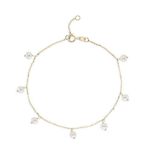 9ct gold freshwater pearl drop bracelet featuring elegant pearl pendants on a delicate gold chain by Mark Milton