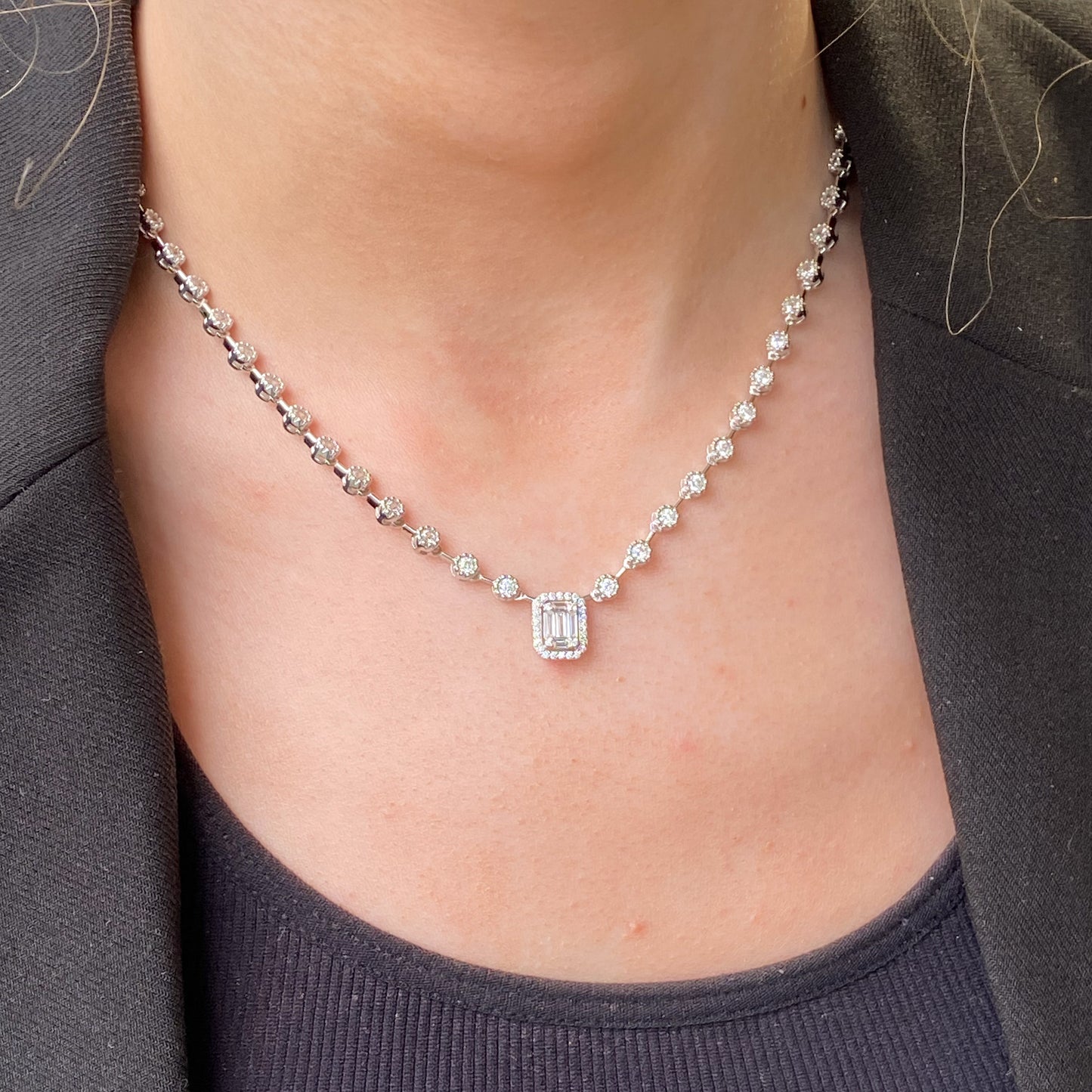 Silver Emerald Cut Tennis Necklace - John Ross Jewellers