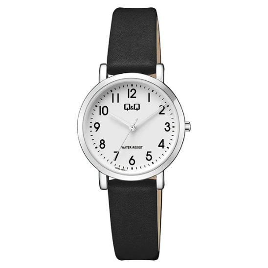Q&Q ladies silver leather watch with a sleek round dial and silver strap, stylish timepiece for women.