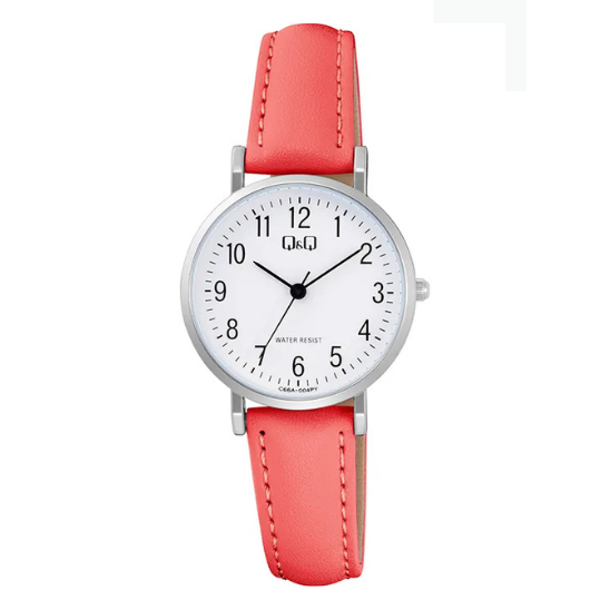 Q&Q Ladies Silver Coral Pink Leather Watch