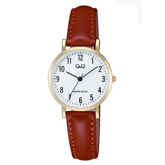 Q&Q ladies gold leather watch with round dial and gold-tone case, stylish accessory for women.