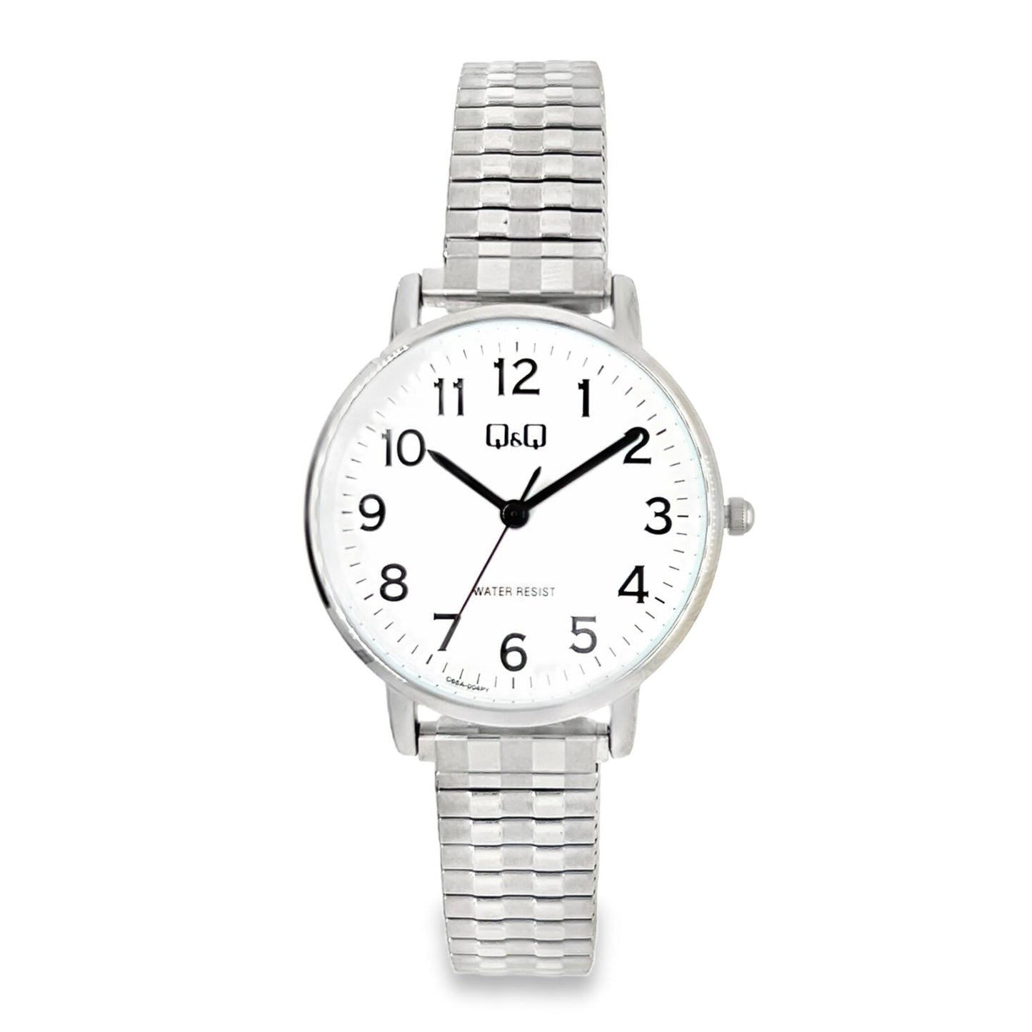 Q&Q ladies silver watch with expandable strap, showing the sleek round dial and elegant silver band.