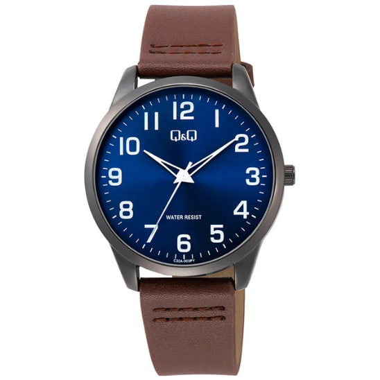 Q&Q men's silver leather watch with a round dial and sleek design, featuring a classic style and silver strap.
