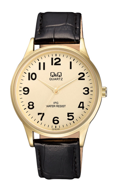Q&Q Gents Gold Leather Watch - John Ross Jewellers