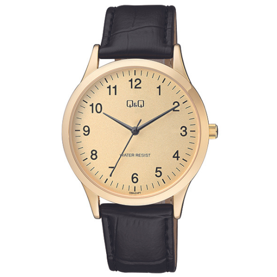 Q&Q men's gold leather strap watch with round dial and classic design, showing time on a sleek wrist.