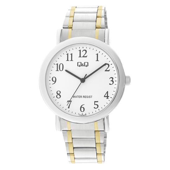 Q&Q men's two-tone three-link wristwatch with silver and gold finish, featuring a round dial and metal bracelet.