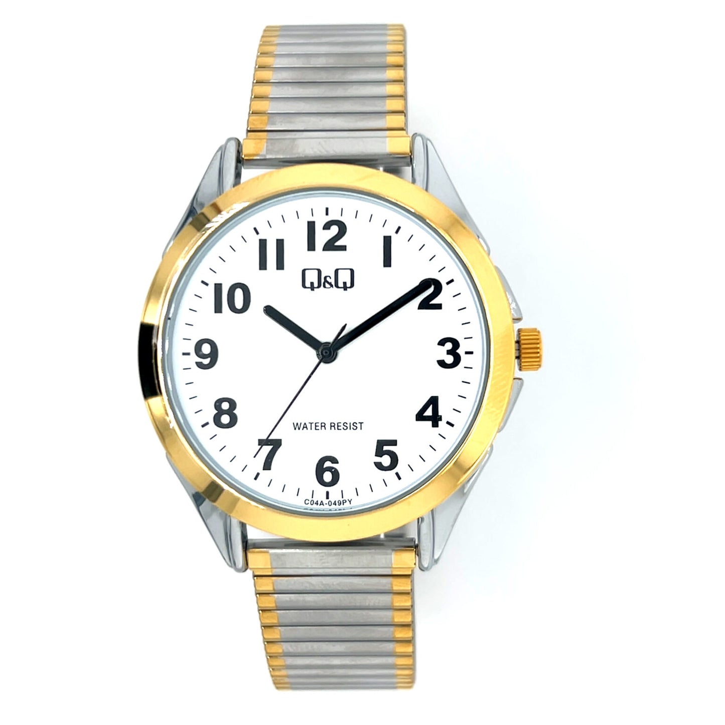 Q&Q men's wristwatch with two-tone expandable strap, featuring a round dial and silver and gold-tone accents.