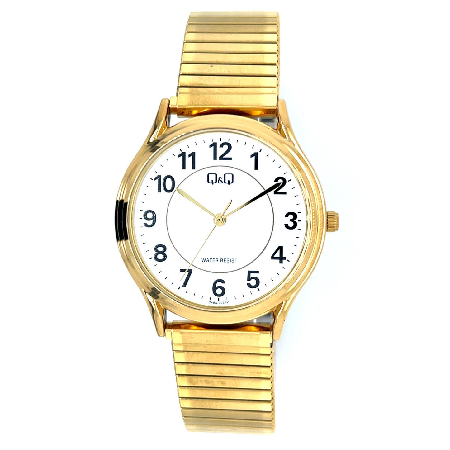 Q&Q men's gold watch with expandable strap, featuring a round dial and sleek design, shown on a white background.