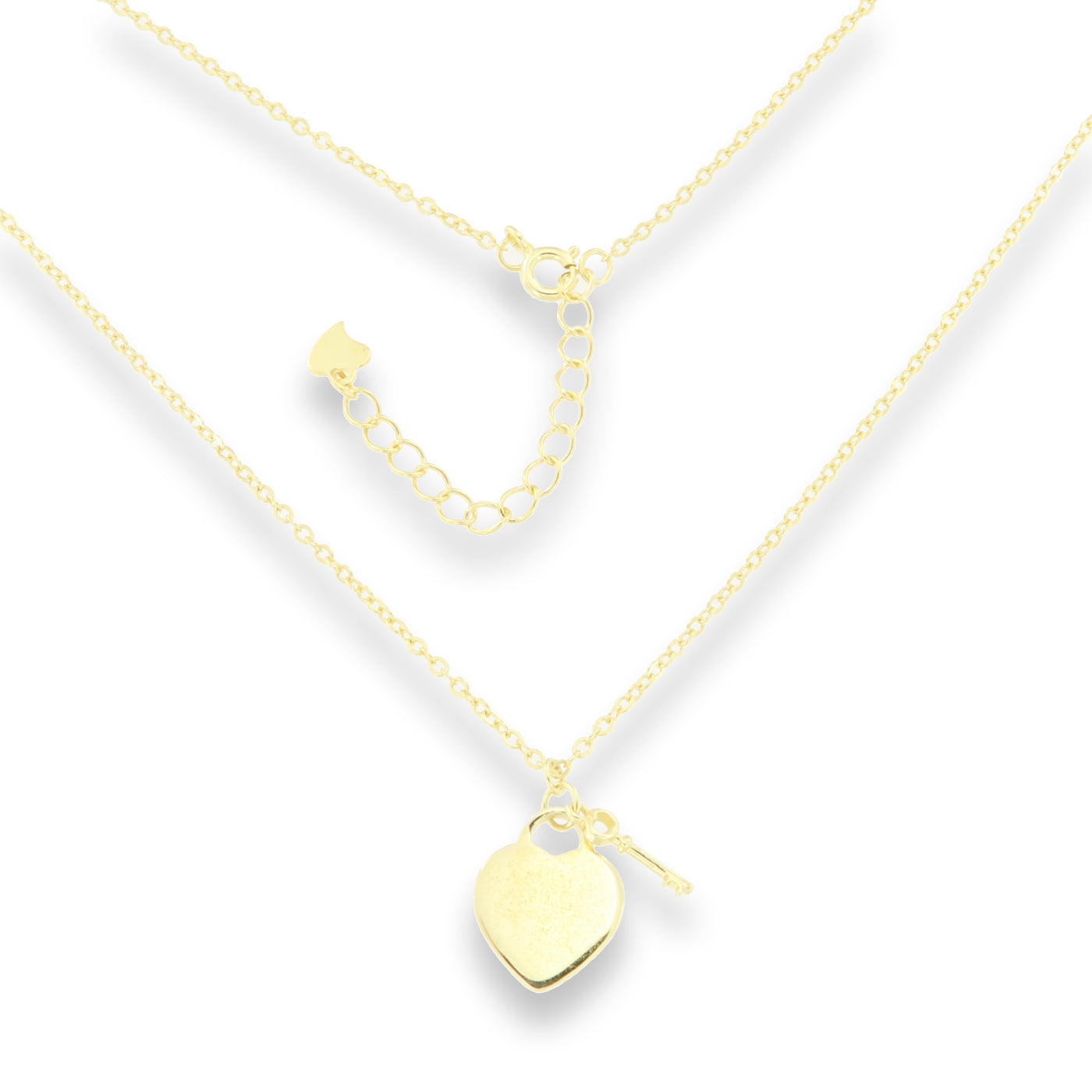 Sunshine Key To My Heart disc necklace by Comero featuring a gold-tone pendant with engraved heart and sun design, on a delicate chain
