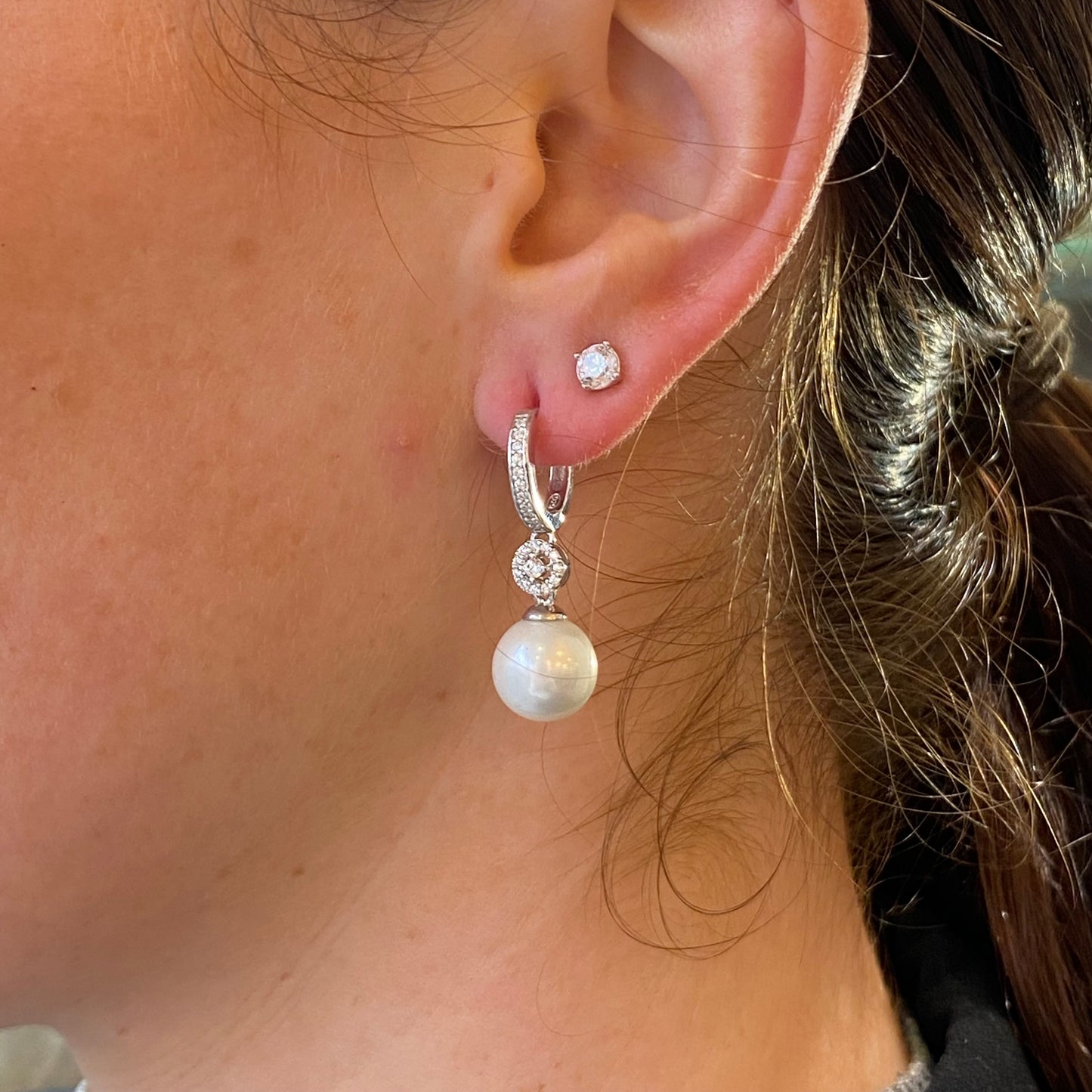 Silver 10mm Shell Pearl & CZ Drop Earrings - John Ross Jewellers