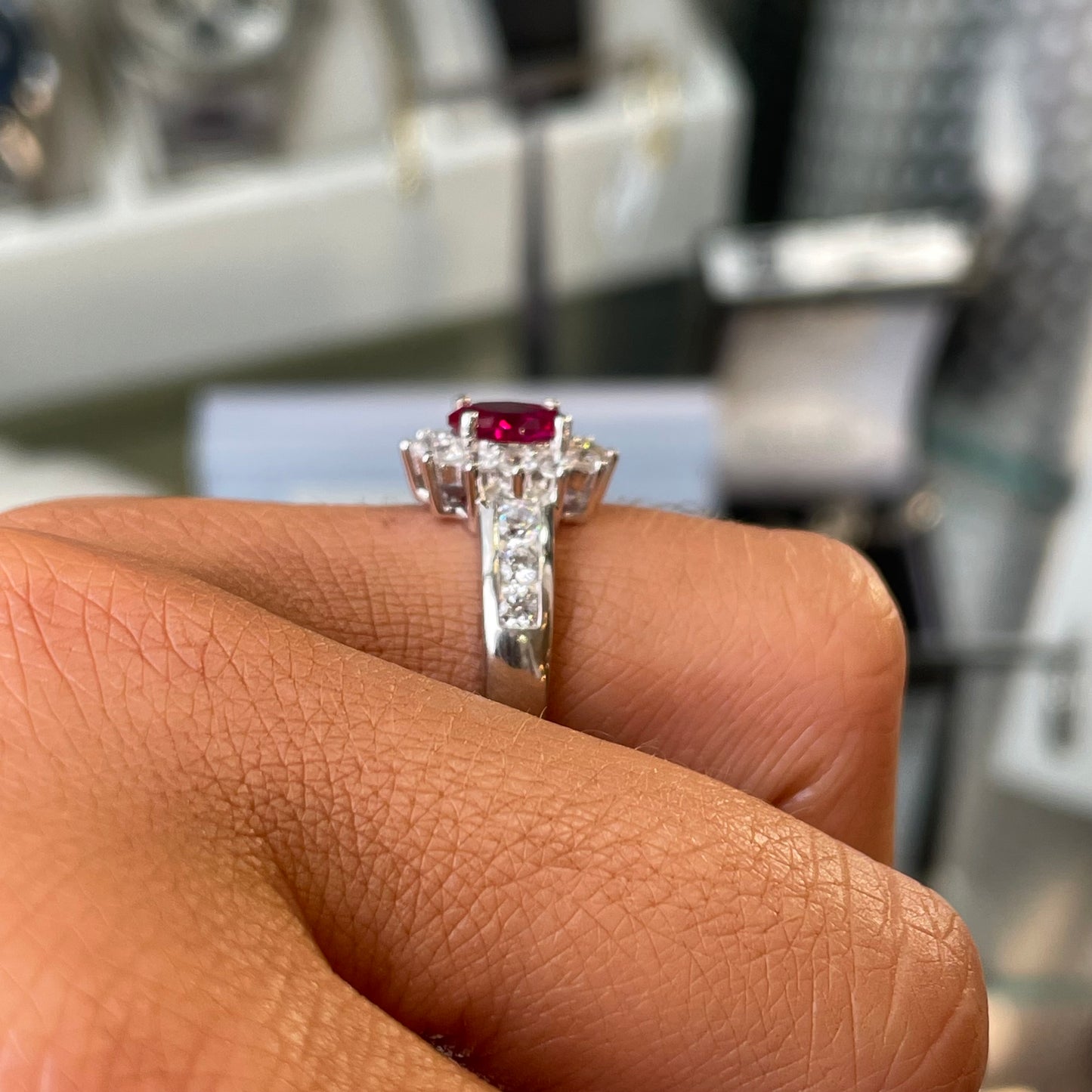 Silver Ruby Red Oval CZ Diana Ring with Shoulder - John Ross Jewellers
