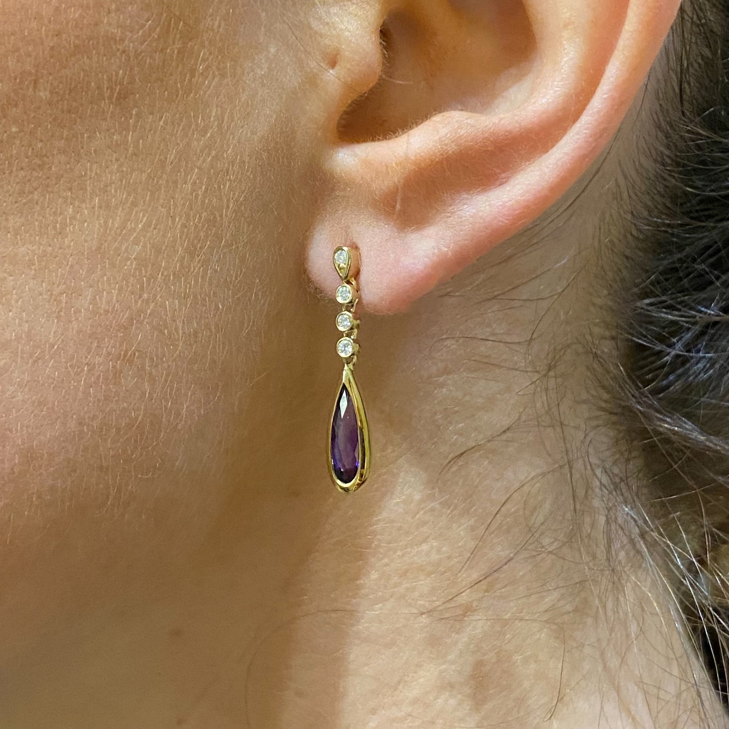 9ct Gold Pear Amethyst & Diamond Drop Earrings