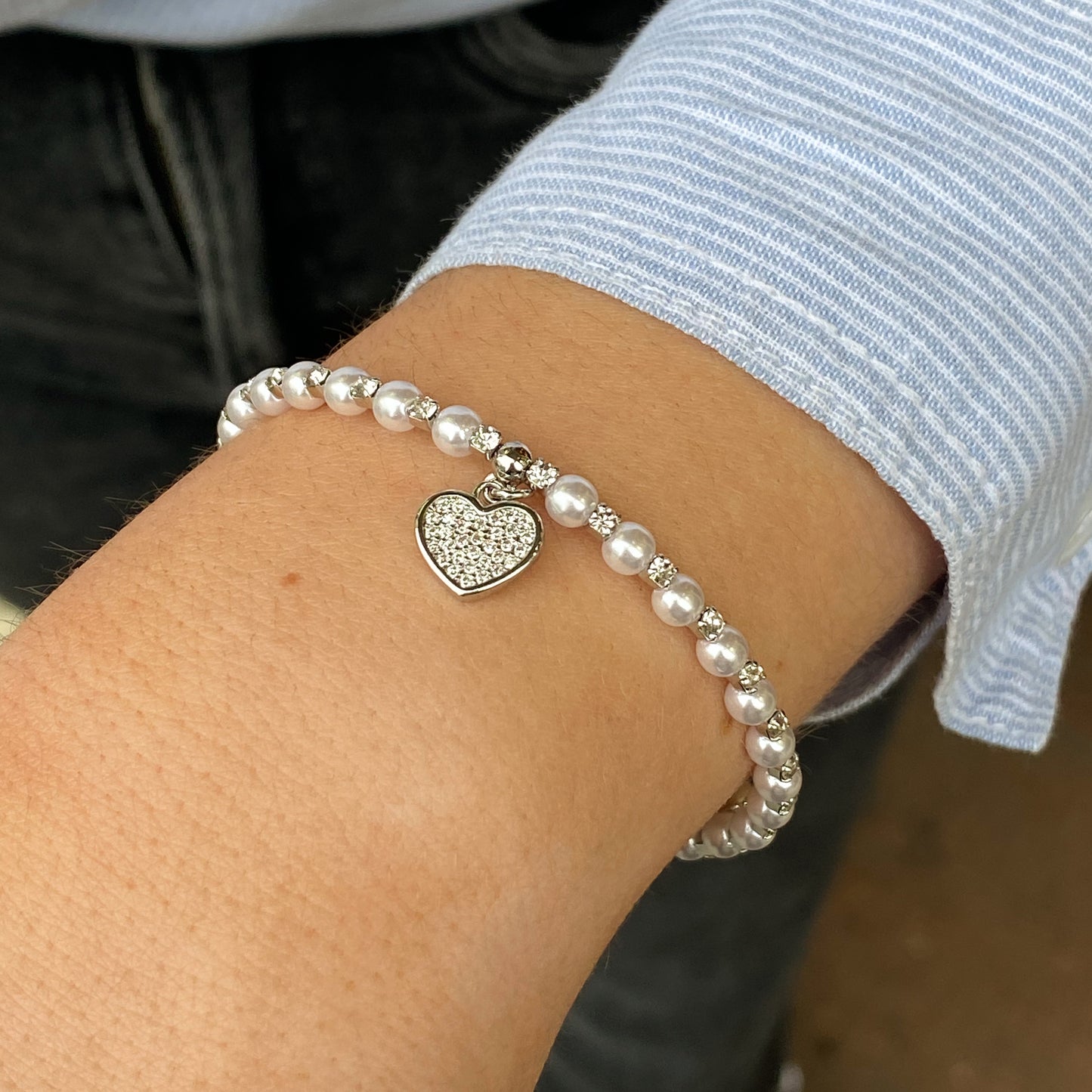 REBECCA MyWorld Pearl Charm Bangle - Silver | Heart - John Ross Jewellers