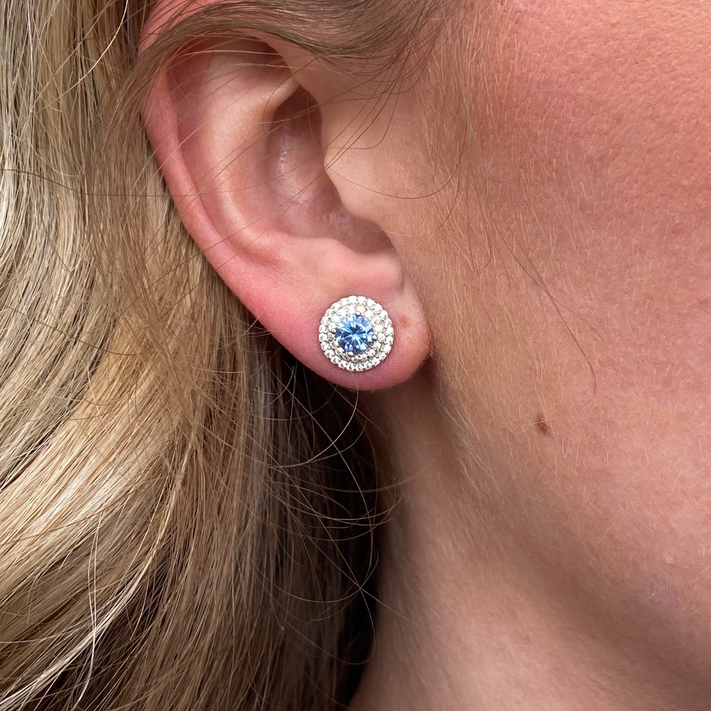 Silver CZ Double Halo Stud Earrings - Created Sapphire - John Ross Jewellers