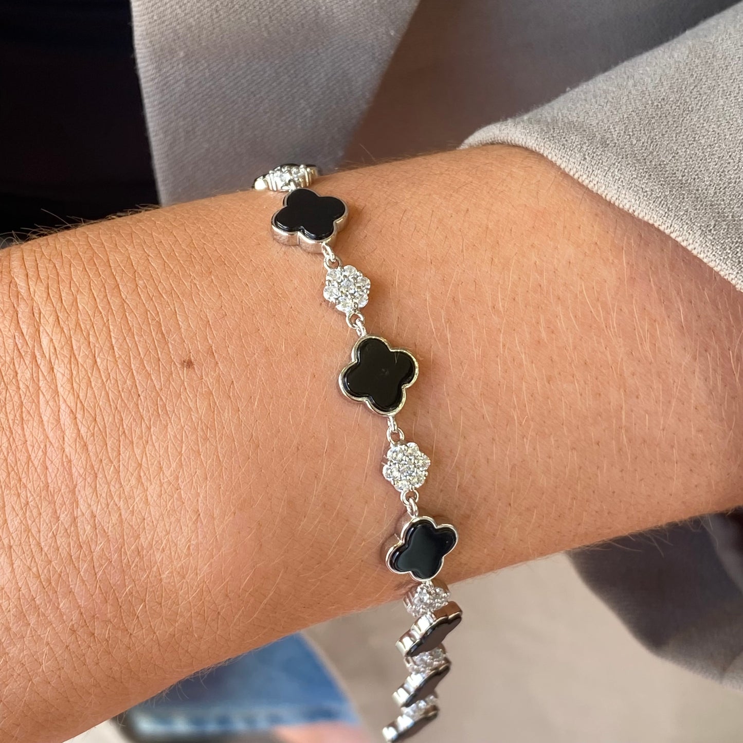 Silver CZ Tennis Bracelet | Onyx Quatrefoil - John Ross Jewellers