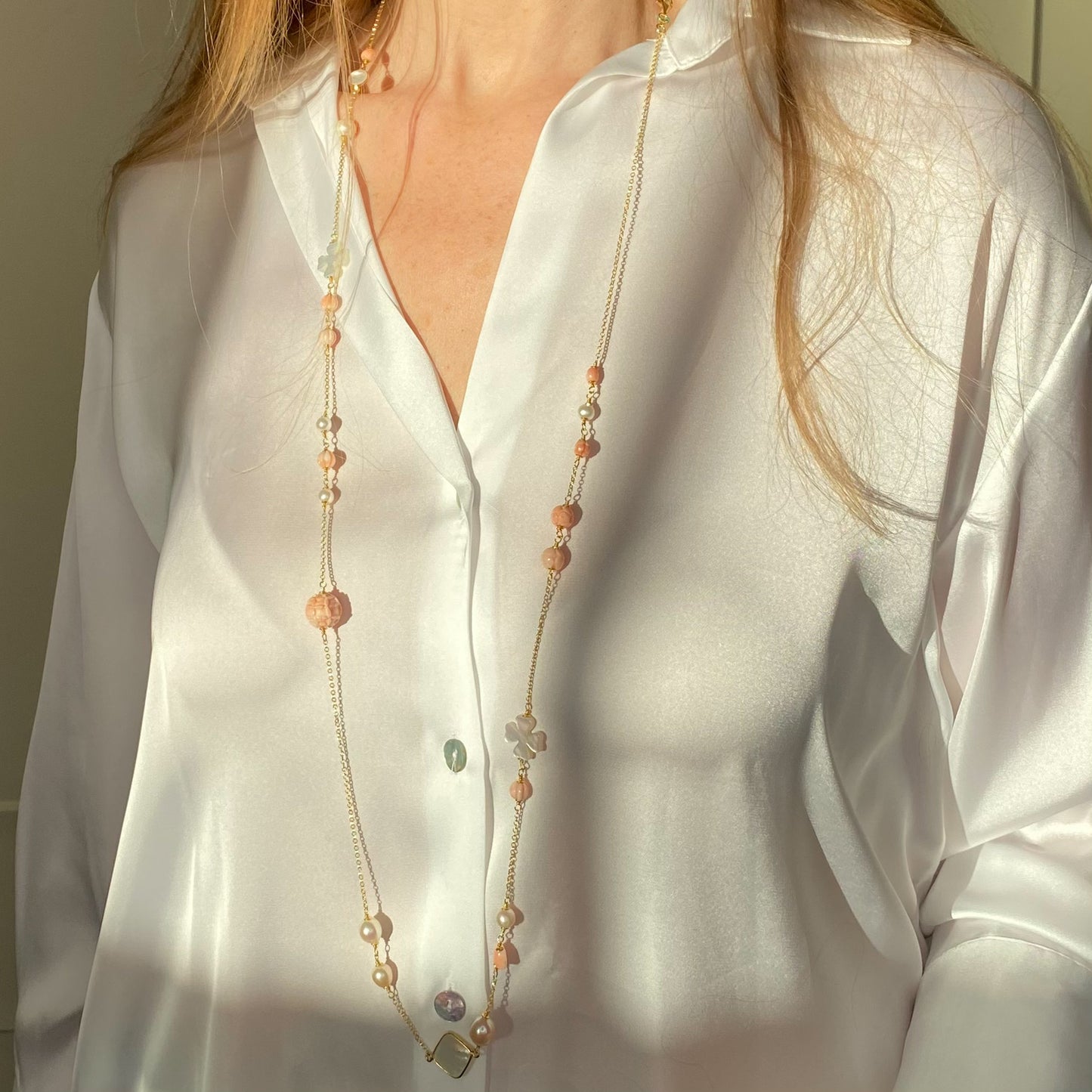 Peach Crush - Rose Coral, Mother of Pearl & Pearl Necklace | 110cm - John Ross Jewellers