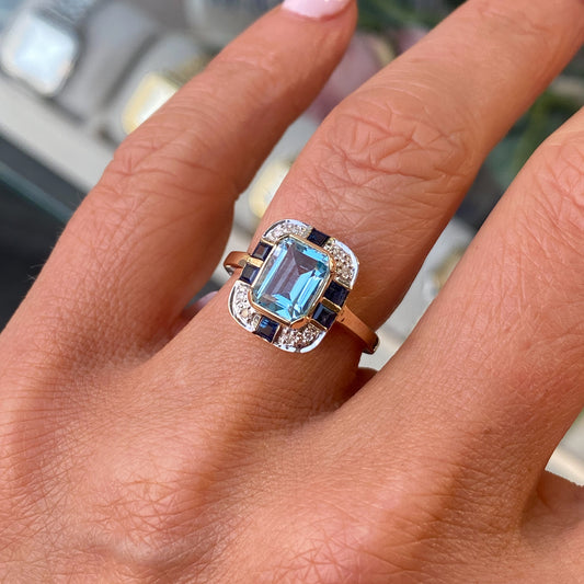 9ct Gold Blue Topaz, Sapphire & Diamond Ring