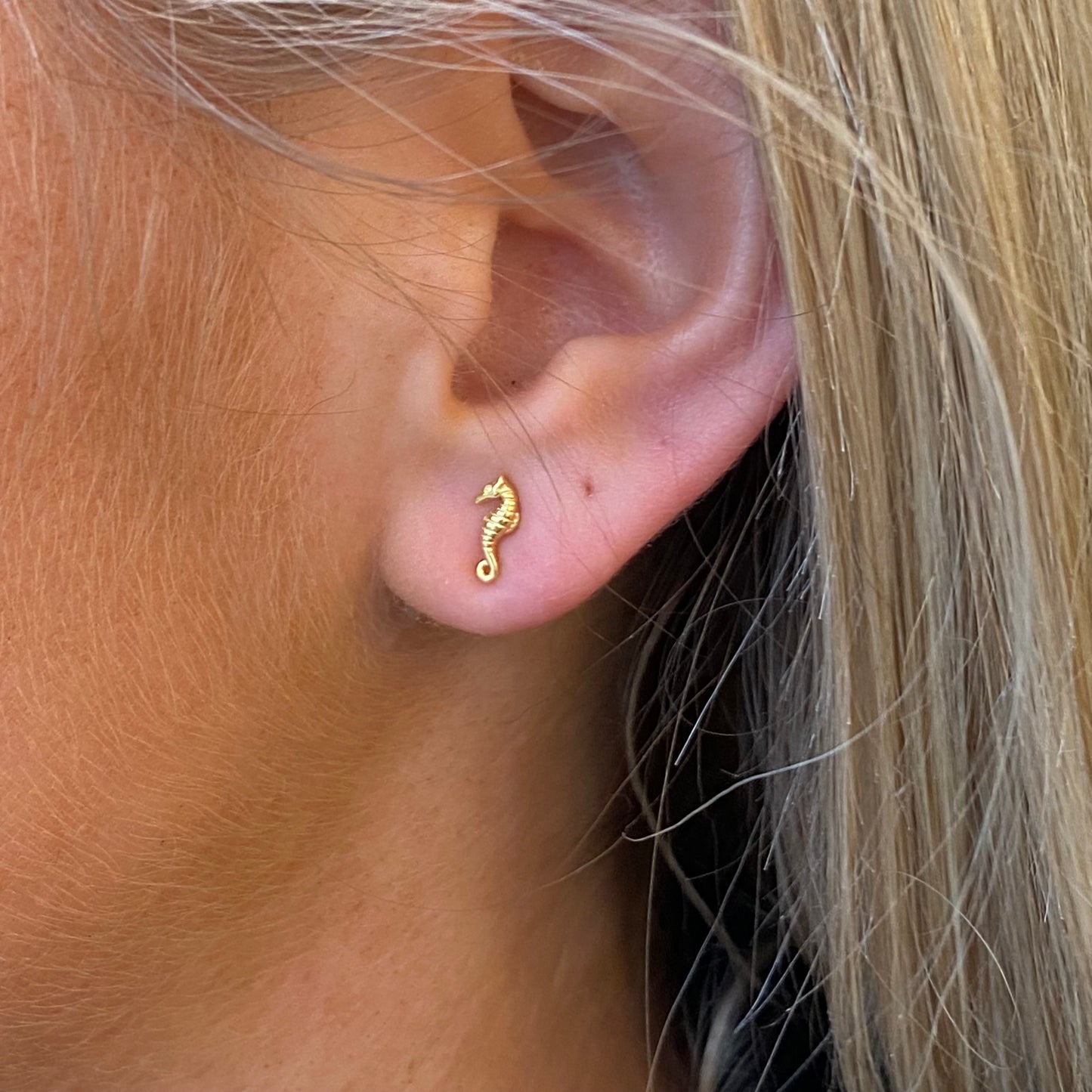 Kid's Sunshine Seahorse Stud Earrings by Comero featuring gold-tone seahorse designs for children.