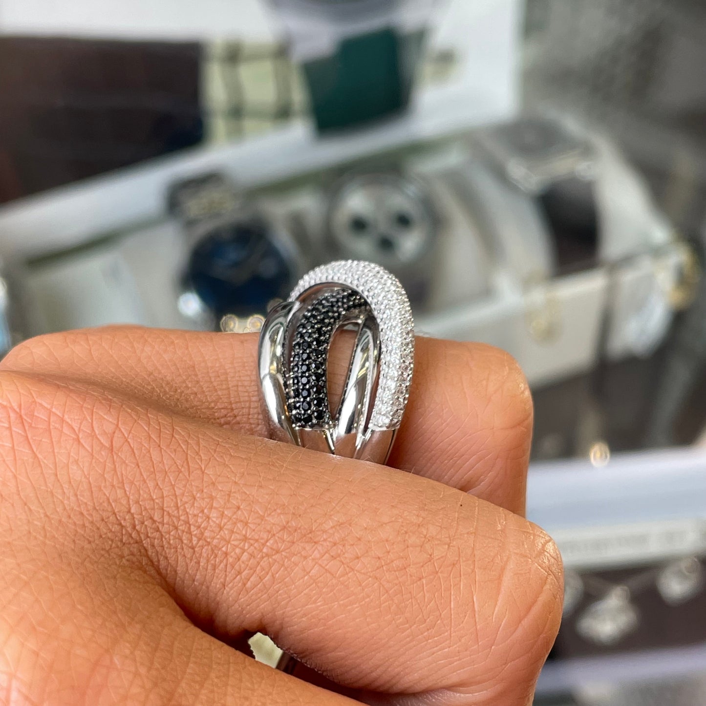 Silver Monochrome Crossover Ring - John Ross Jewellers