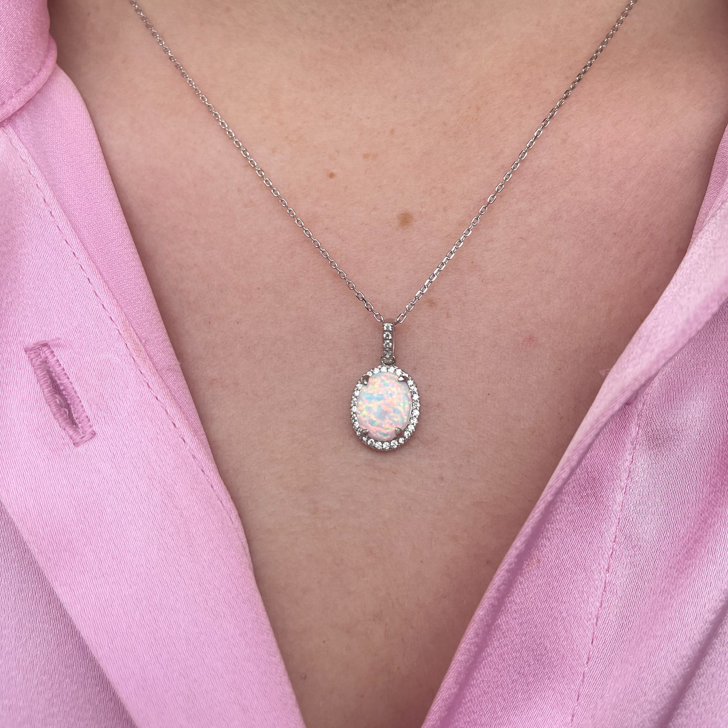 Silver Opalique & CZ Oval Necklace | White - John Ross Jewellers