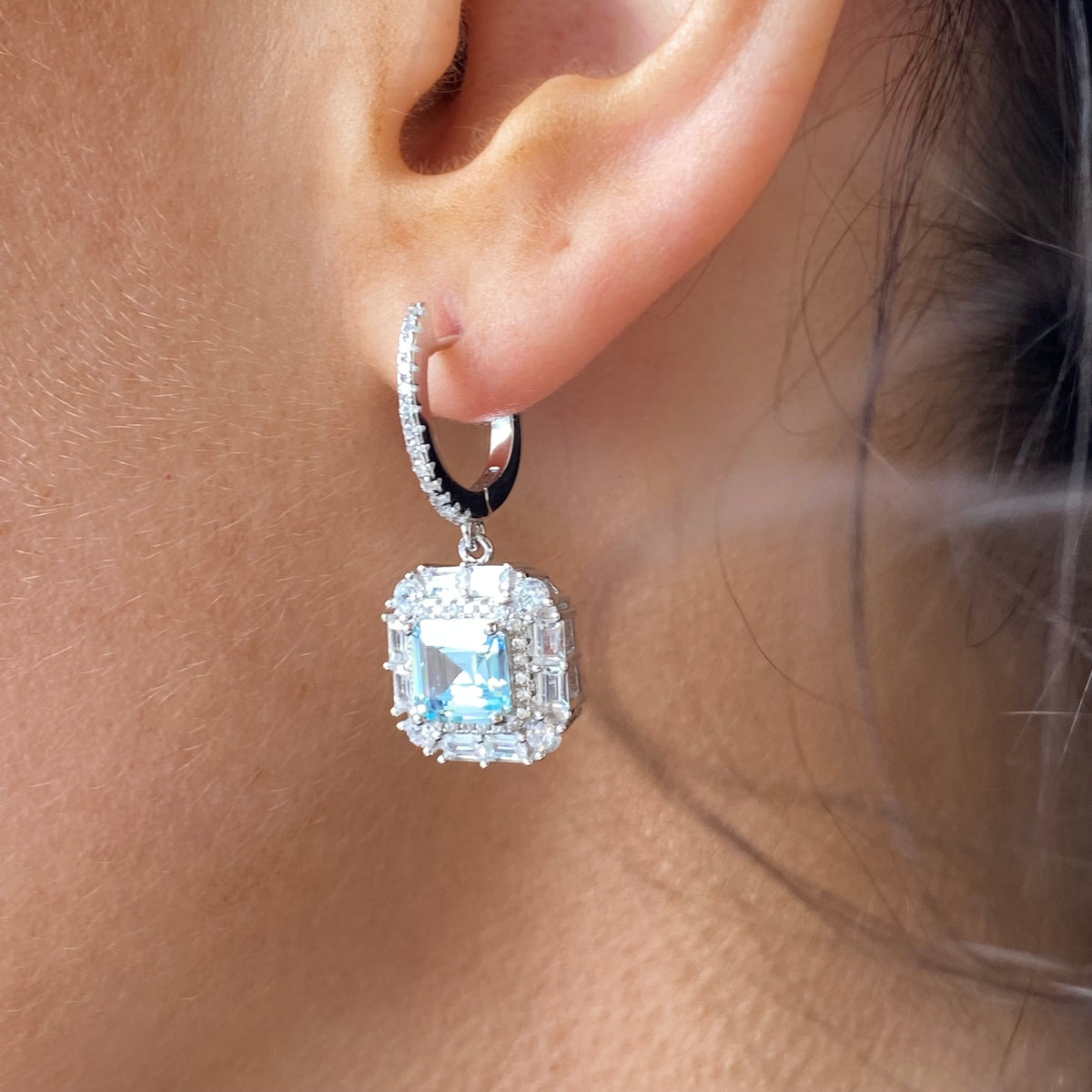 Silver Aqua CZ Cushion Halo Drop Hoop Earrings