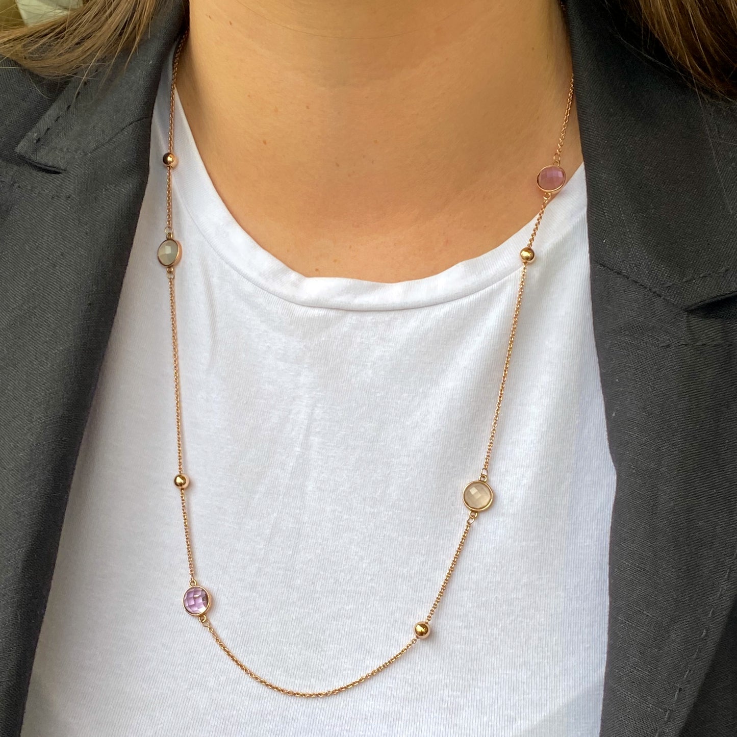 9ct Rose Gold Pink Amethyst, Moonstone & Quartz Long Necklace - John Ross Jewellers