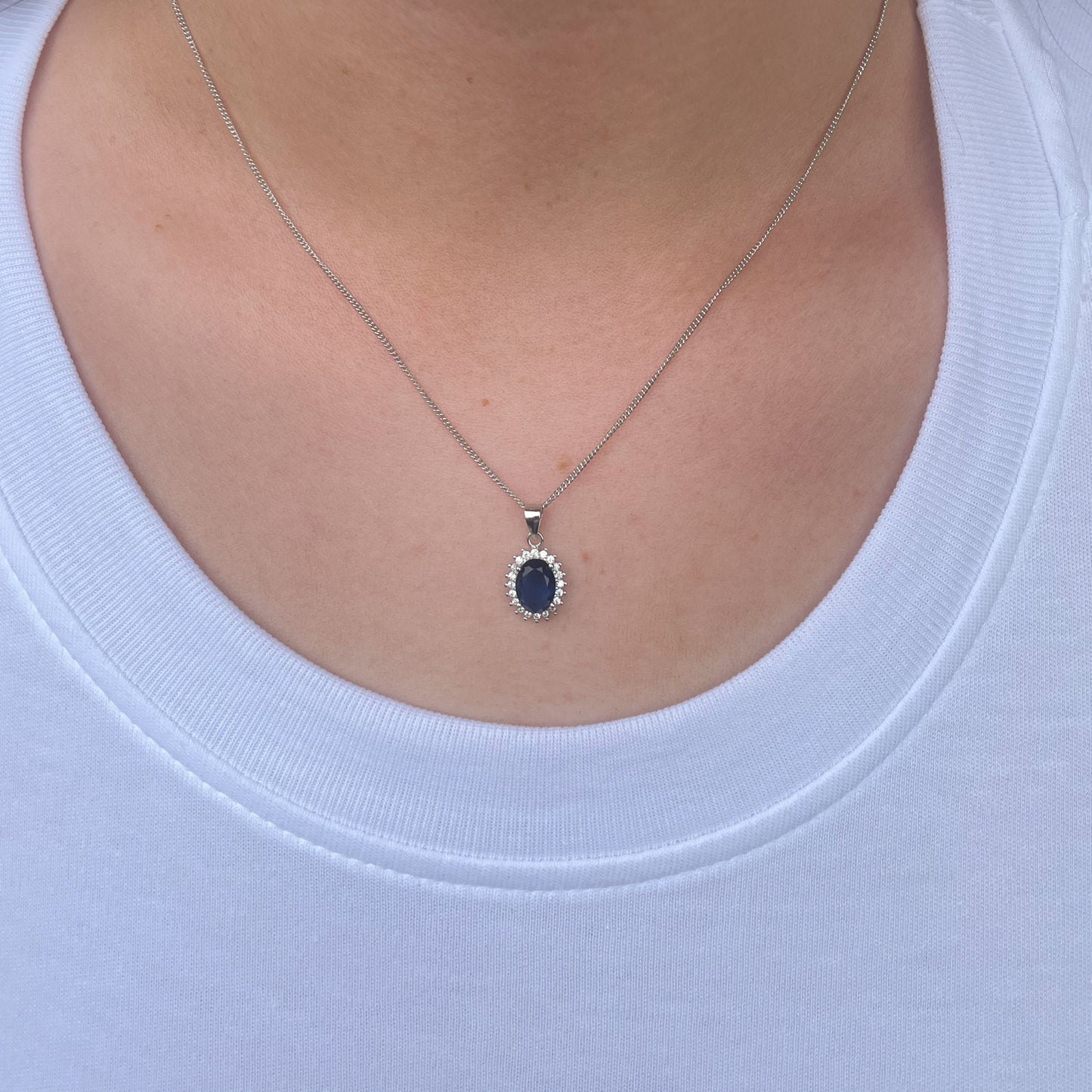 Silver CZ Oval Halo Earring & Necklace Set | Sapphire Blue - John Ross Jewellers