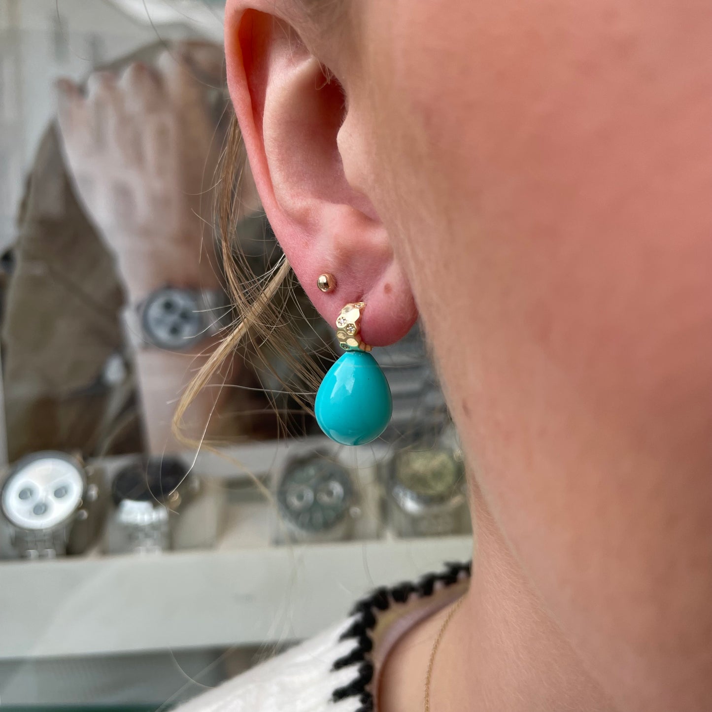 Sunshine 12x15mm Turquiose Shell Pearl & CZ Drop Earrings - John Ross Jewellers