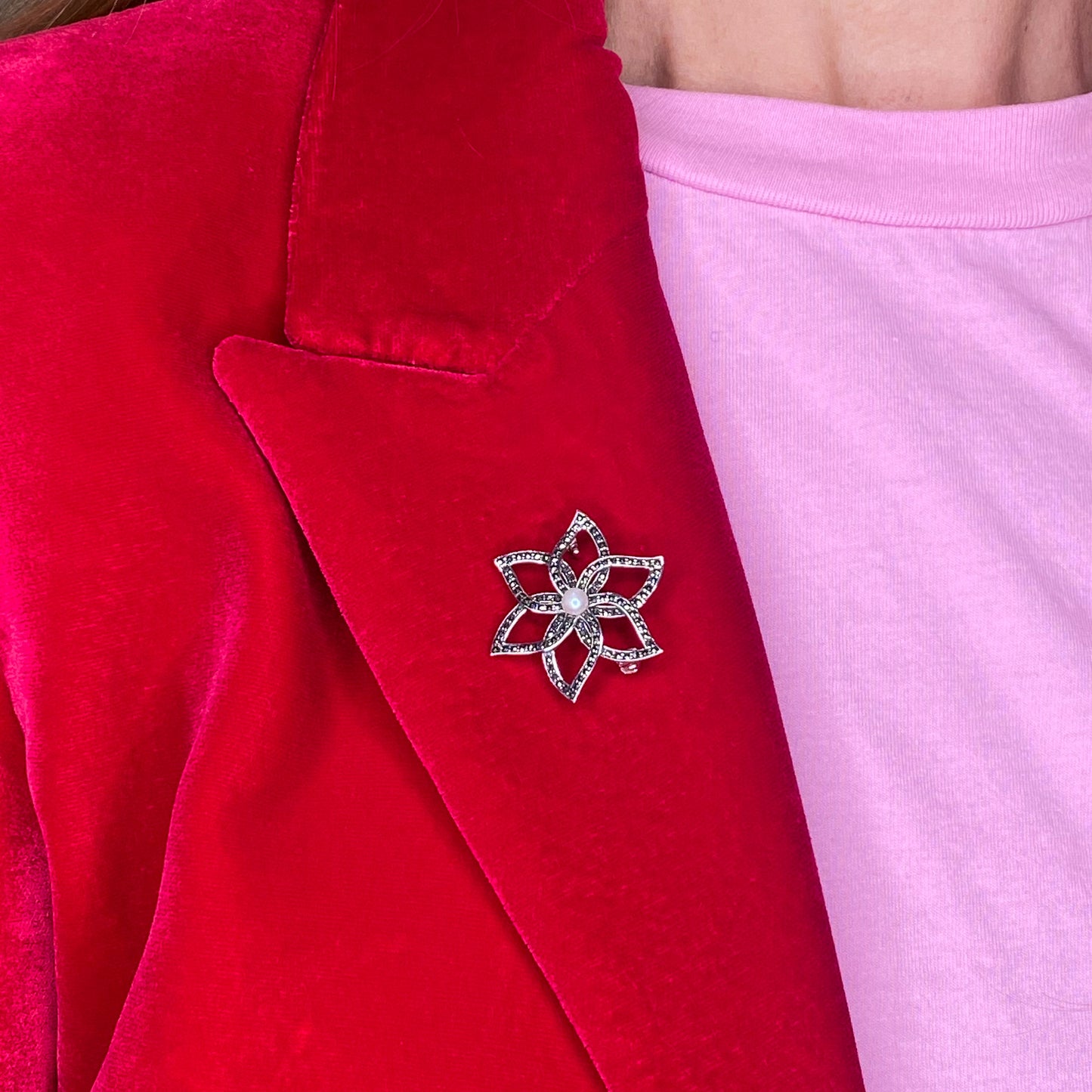 Silver Marcasite & Pearl Open Flower Brooch - John Ross Jewellers