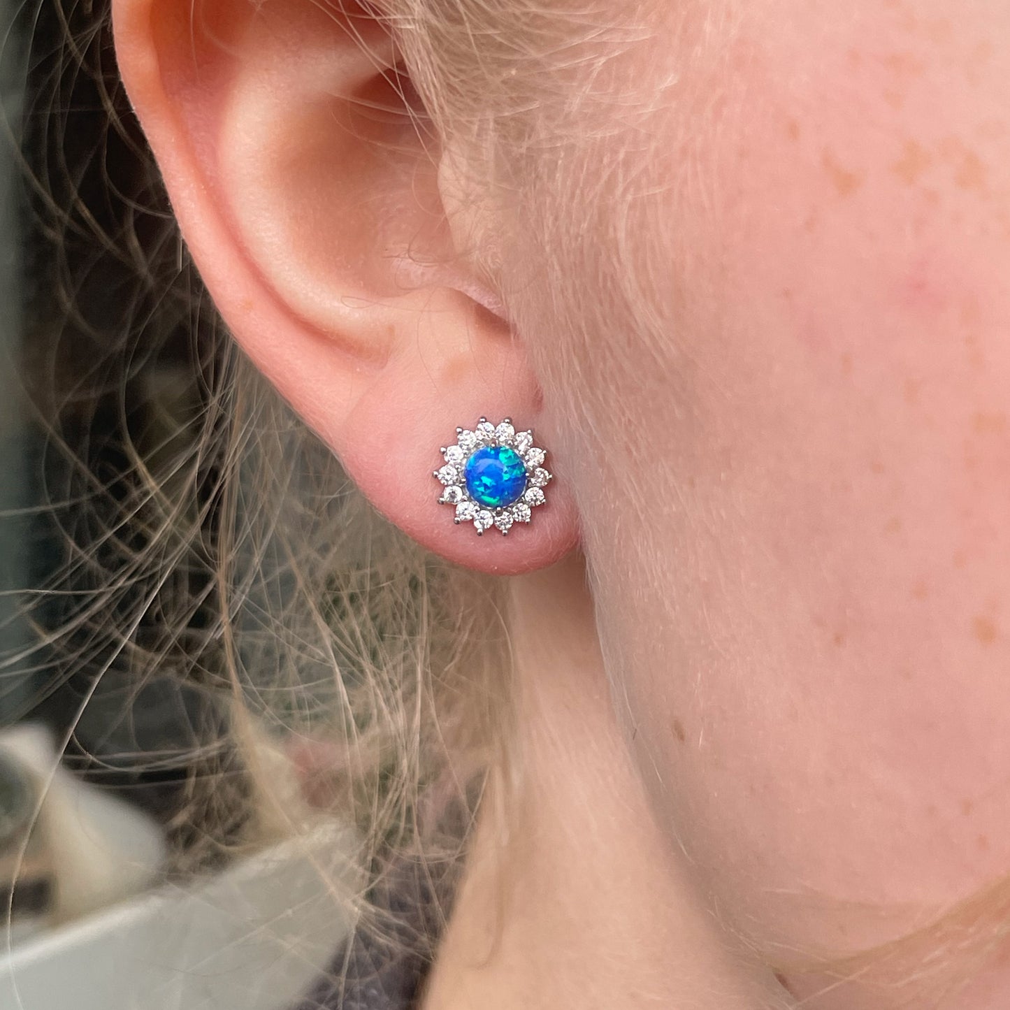 Silver Round Blue Opalique & CZ Stud Earrings - John Ross Jewellers