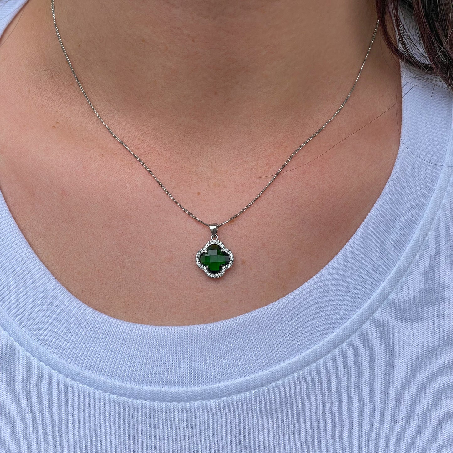 Silver CZ Drop Earring & Necklace Quatrefoil Set | Emerald Green - John Ross Jewellers