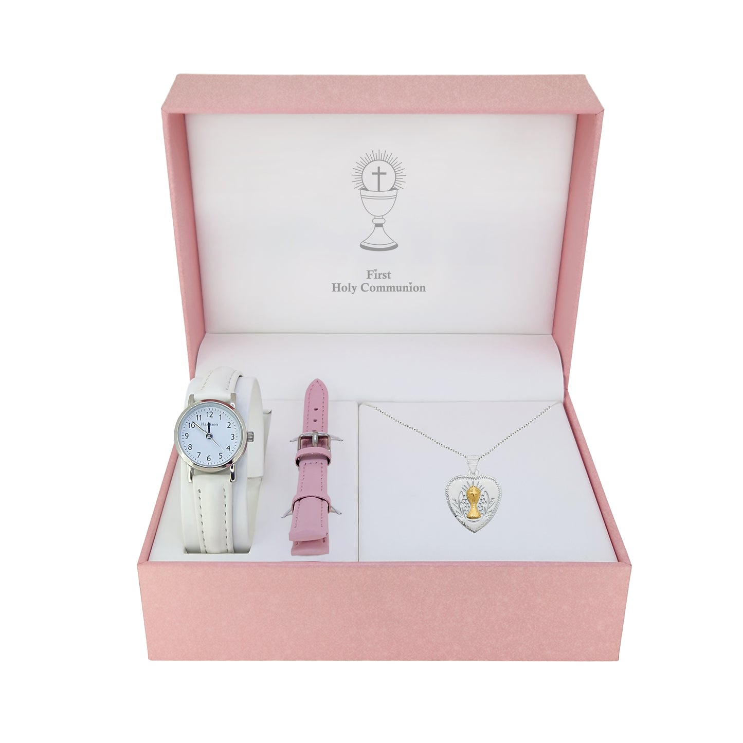 Communion Watch, Strap and Heart Communion Medal Necklace Set - John Ross Jewellers