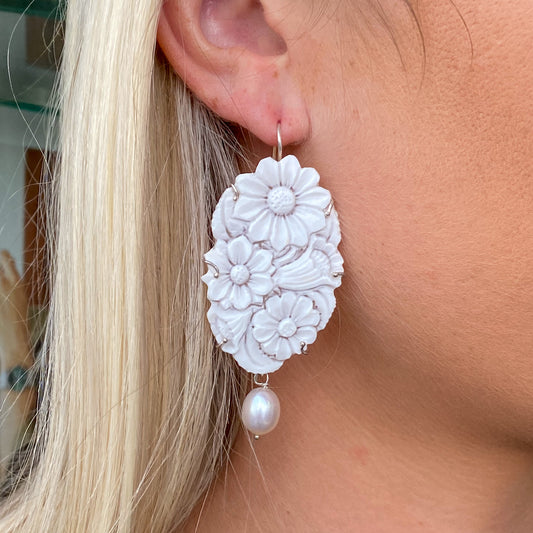 Floral Cameo & Pearl Drop Earrings - Large - John Ross Jewellers