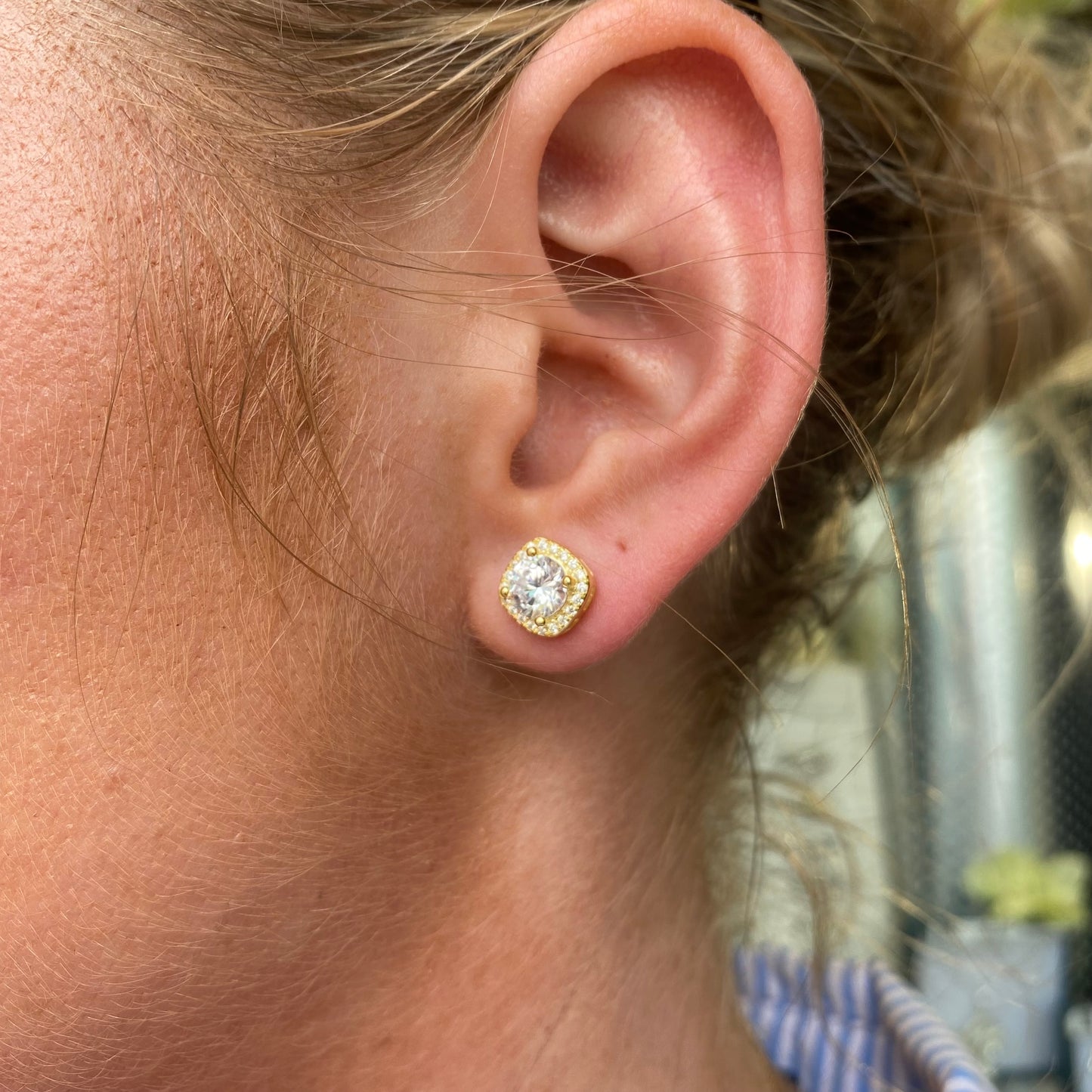 Sunshine CZ Halo Stud Earrings | Cushion