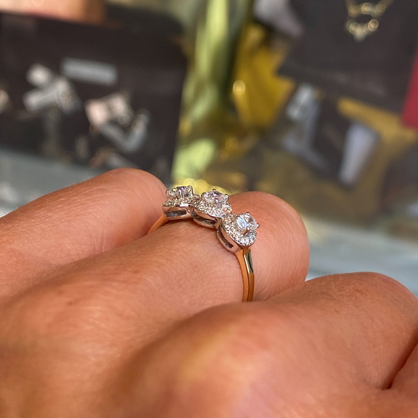 18ct Gold Oval Halo Trilogy Garland Diamond Ring - John Ross Jewellers