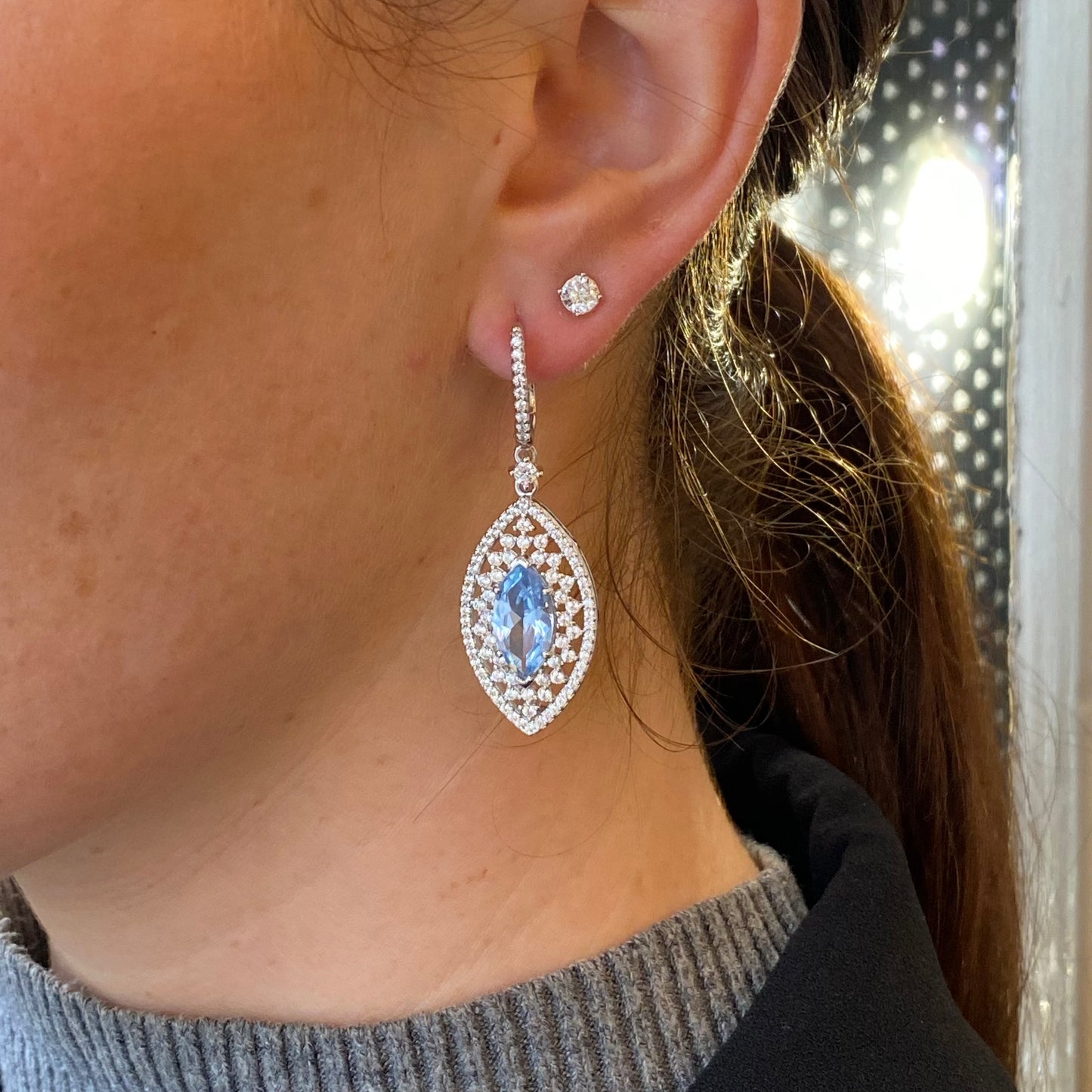 Silver Aqua CZ Marquise Drop Earrings - John Ross Jewellers
