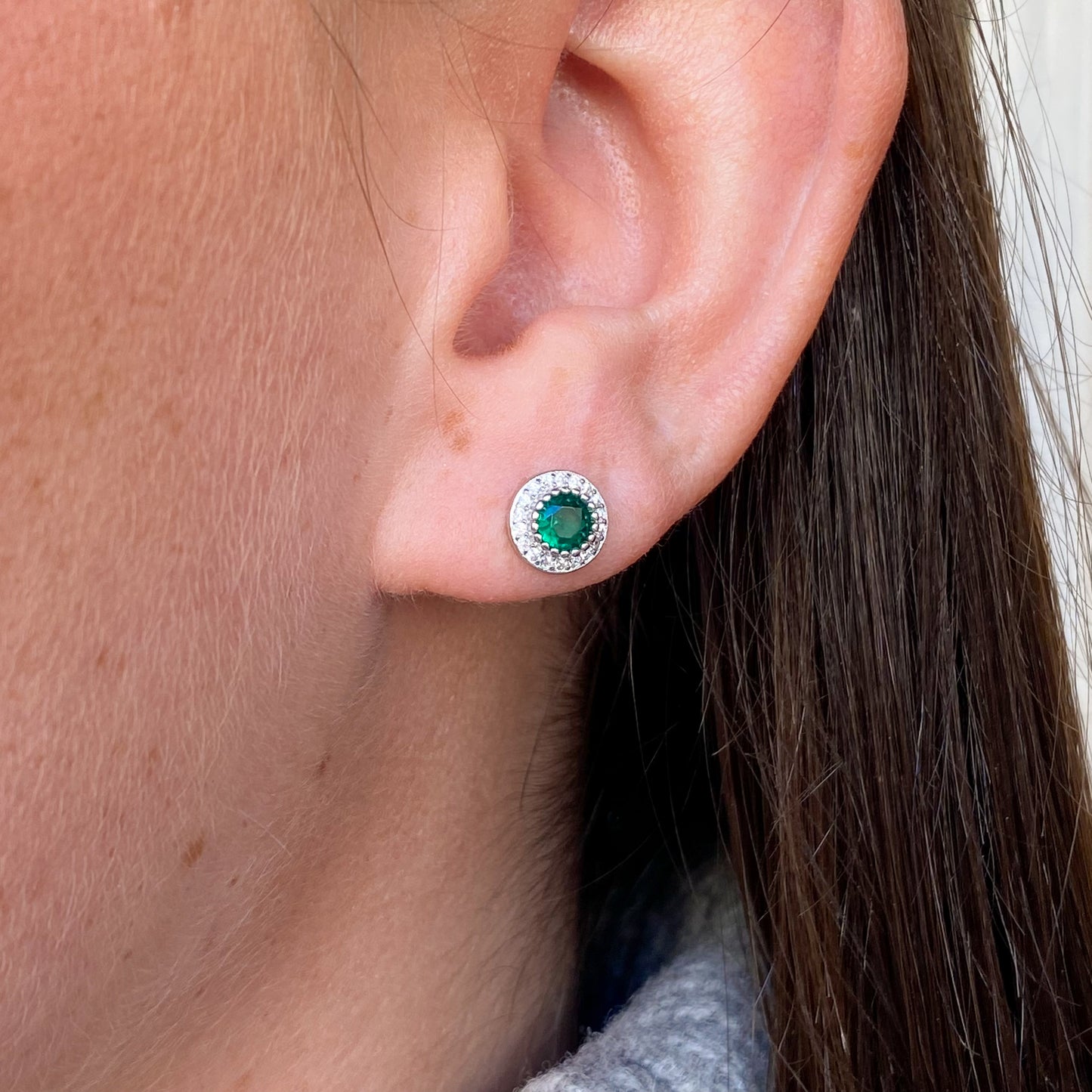 Silver Totsy CZ Halo Stud Earrings| Emerald Green - John Ross Jewellers