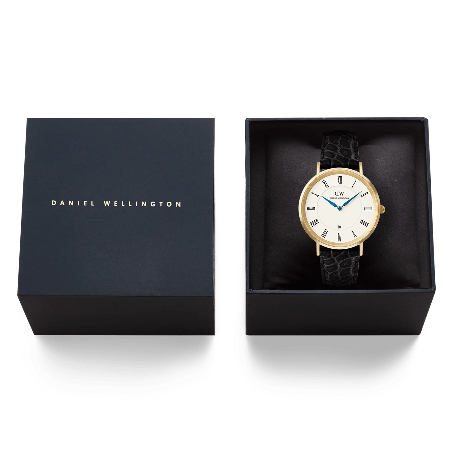 Daniel Wellington Classic Roman Numerals Date Black Croc 40mm watch with black dial and leather strap.
