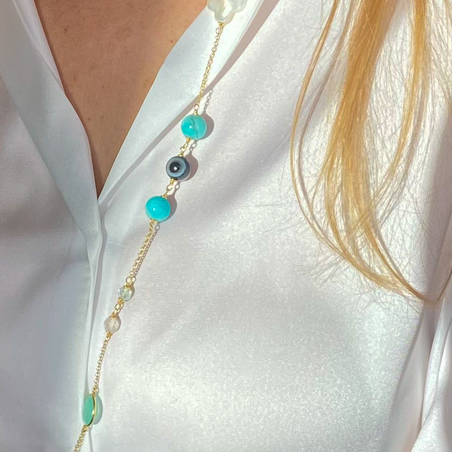 Amazonite, Banded Agate, Quartz & Mother of Pearl Necklace | 106cm - John Ross Jewellers